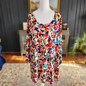 Travel Elements 1X Abstract Floral Tunic Asymmetric Hem Jersey Top USA